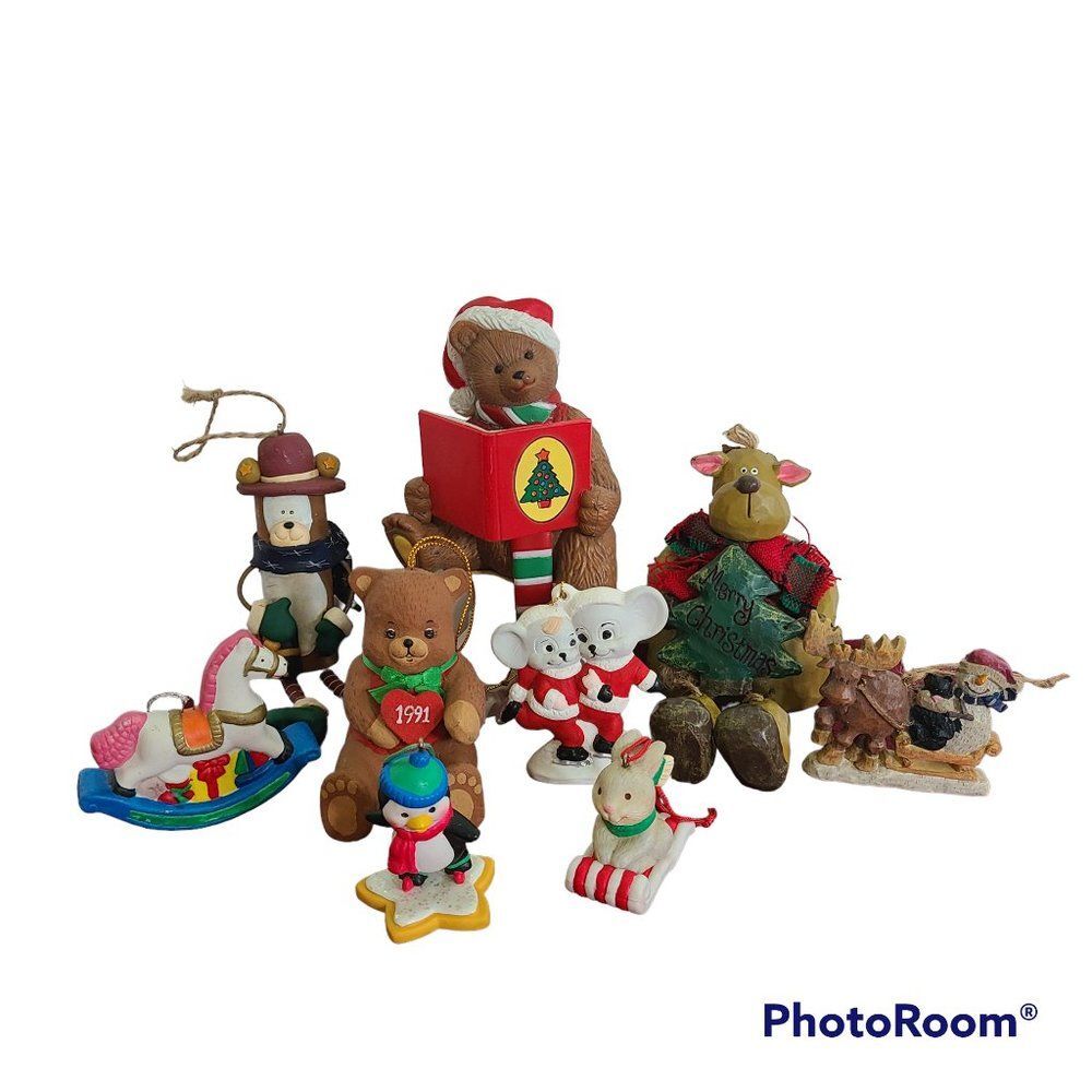 Vintage Christmas Animals Ornaments and Stocking Hanger Bundle Nine Items Lot